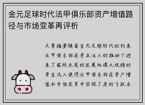 金元足球时代法甲俱乐部资产增值路径与市场变革再评析