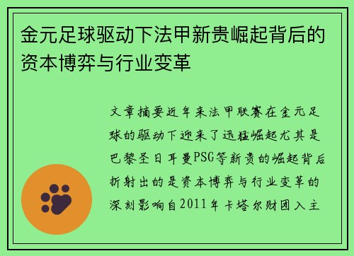 金元足球驱动下法甲新贵崛起背后的资本博弈与行业变革