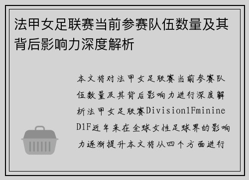 法甲女足联赛当前参赛队伍数量及其背后影响力深度解析
