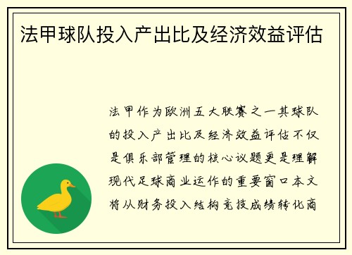 法甲球队投入产出比及经济效益评估