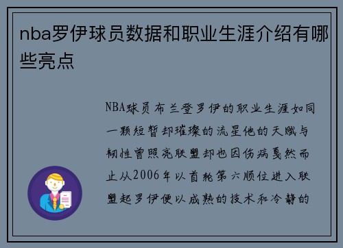 nba罗伊球员数据和职业生涯介绍有哪些亮点
